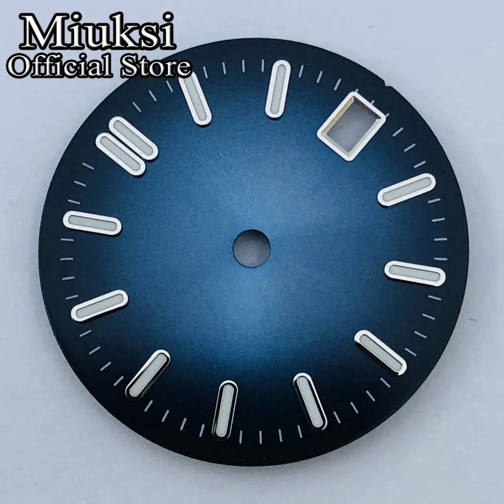 Miuksi 29mm sterile dial black blue green silver watch dial luminous fit NH35 movement fit 3 o\'clock crown 3.8 o\'clock crown