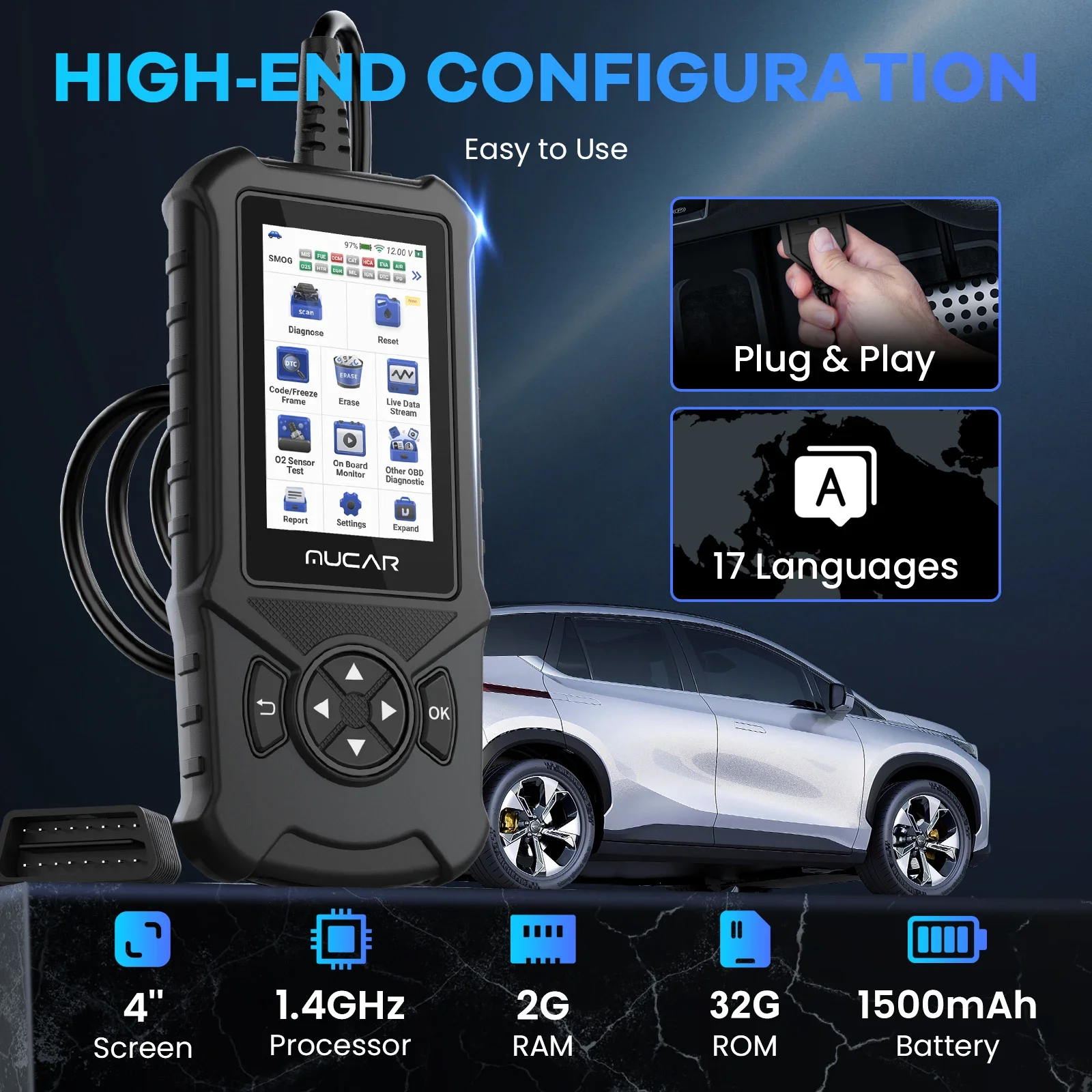 MUCAR CDE900 2G RAM+32G ROM 28 Reset Function Engine Fault OBD Code Reader OBD2 Scanner Car Diagnostic Scan Tool