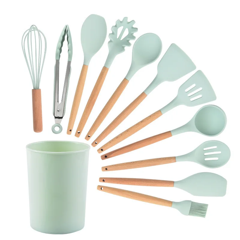 

12Pcs/Set Silicone Kitchenware Cooking Utensils Non-stick Cookware Spatula Shovel Egg Beaters Wooden Handle Kitchen Cooking Tool