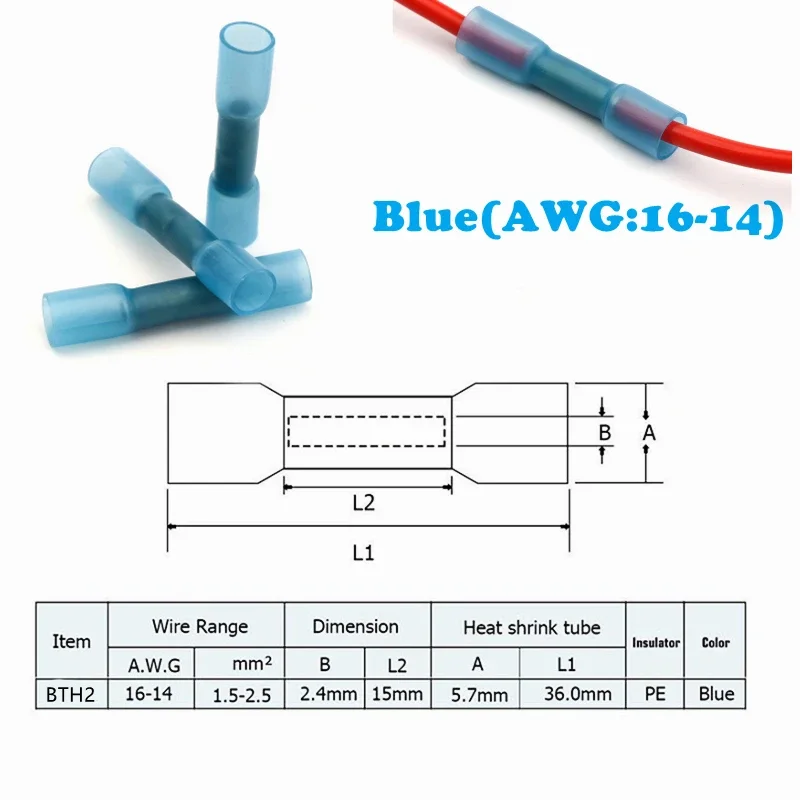 500/1000Pcs Blue Heat Shrink Connectors Insulated Waterproof Crimp Terminals Seal Butt Electrical Wire Connector 16-14 AWG