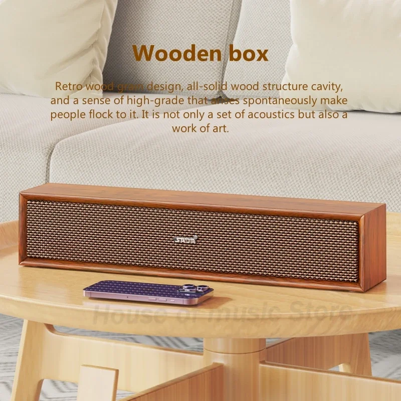 2024 New Style Indoor Wooden Stereo Surround Soundbar Wireless Blue Tooth Portable Speakers Desktop Retro Computer Soundbox