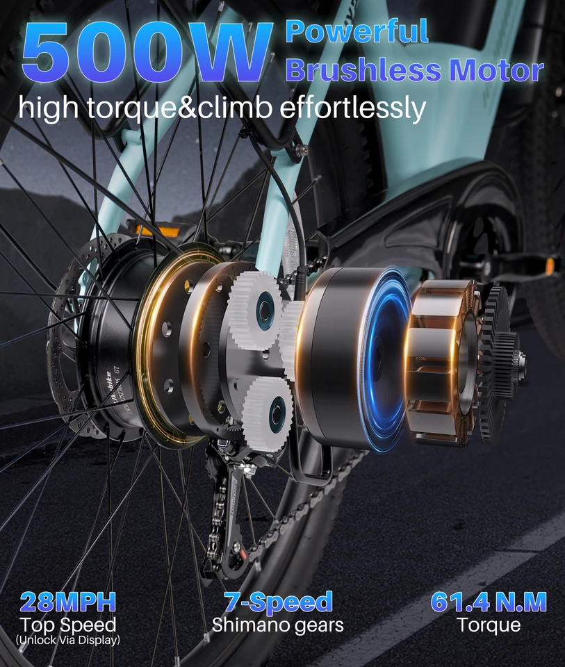 26 Inch Step Thru Ebike 500W High Torque Motor 28MPH 5 PAS Levels Electric Bicycle With Suspension Fork image 5