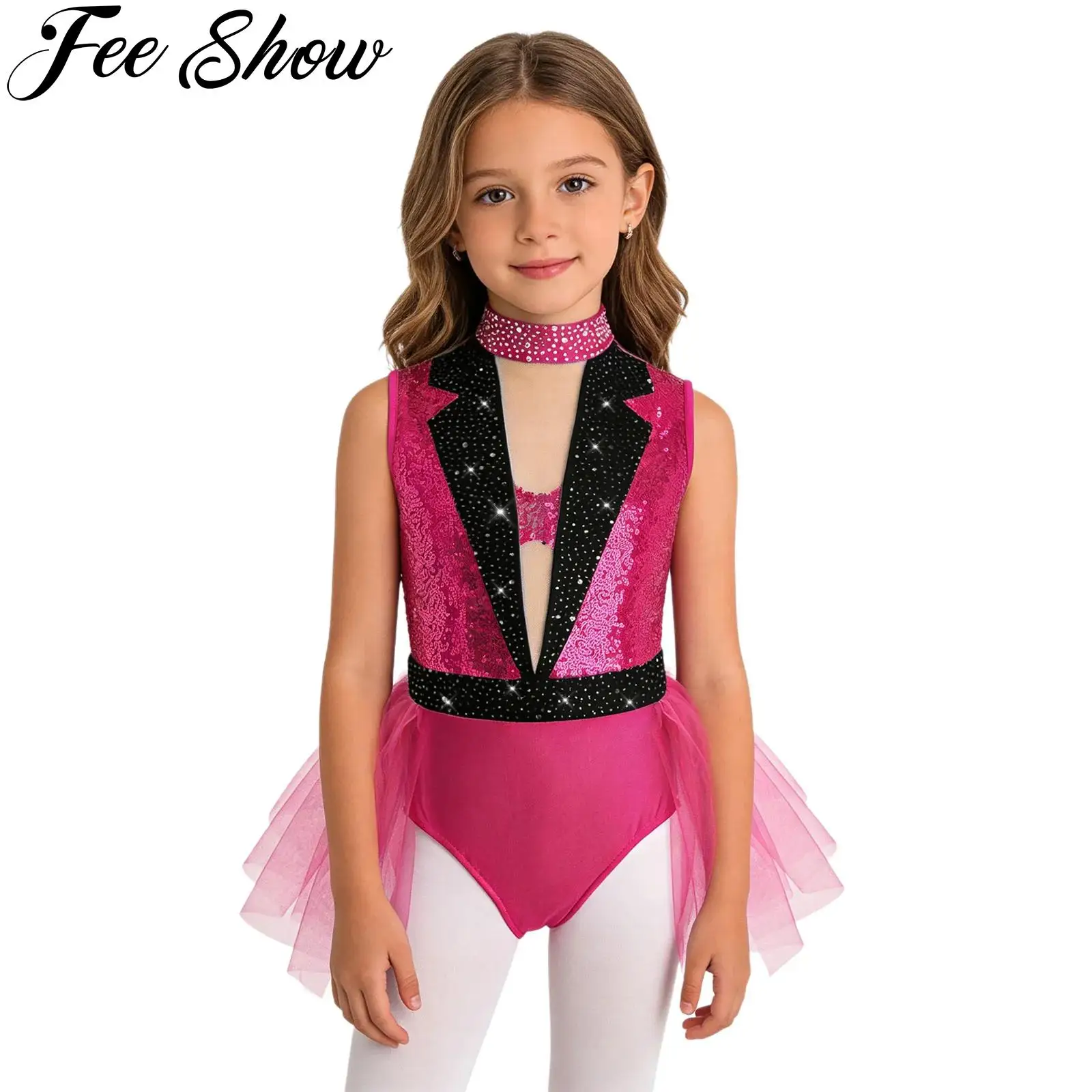 

Детский костюм для балета и фигурного катания для девочек, блестящий, с пайетками, без рукавов, из сетки и фатина, гимнастический купальник, одежда для джазовых танцев