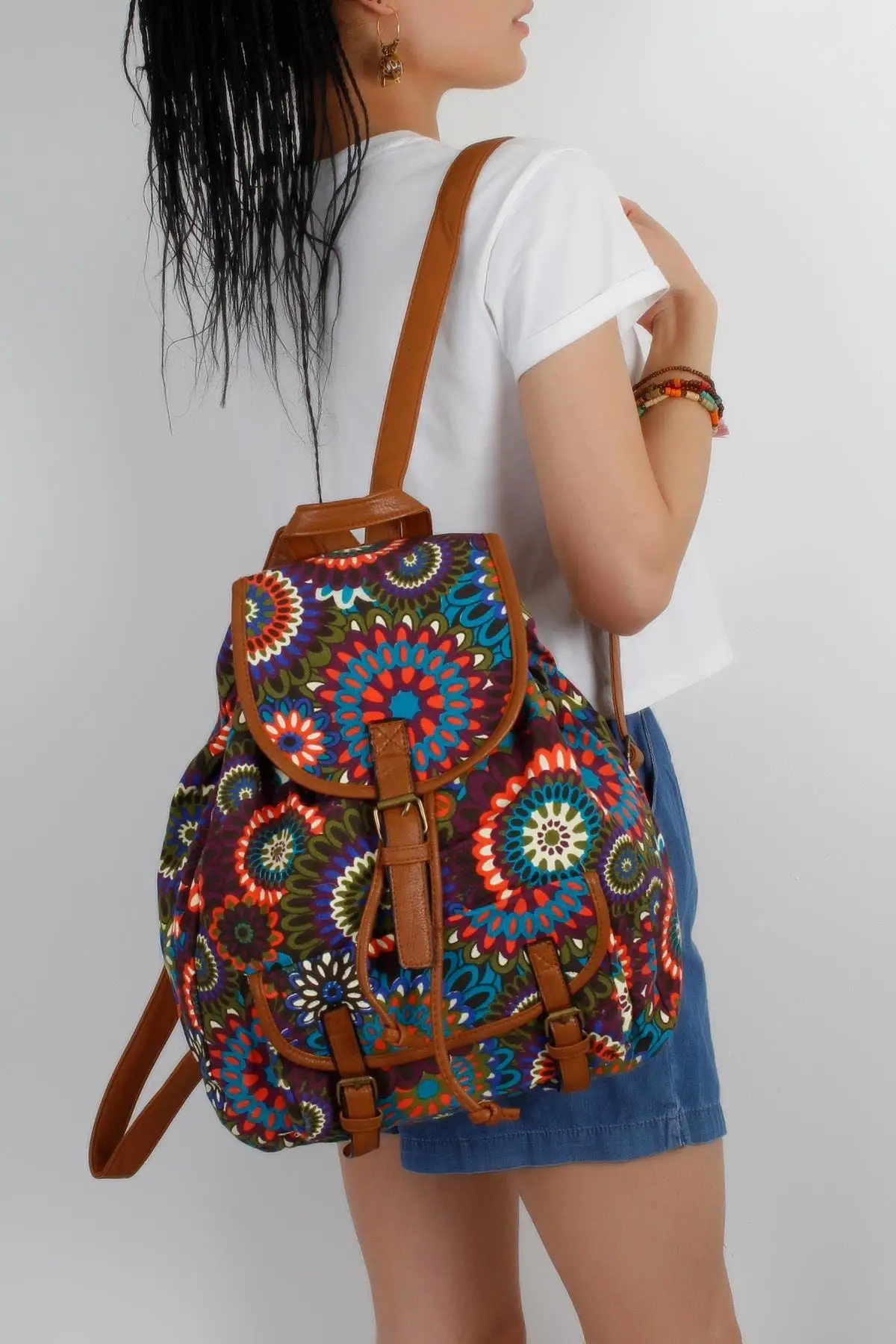 Women White Floral Print Cloth Backpack