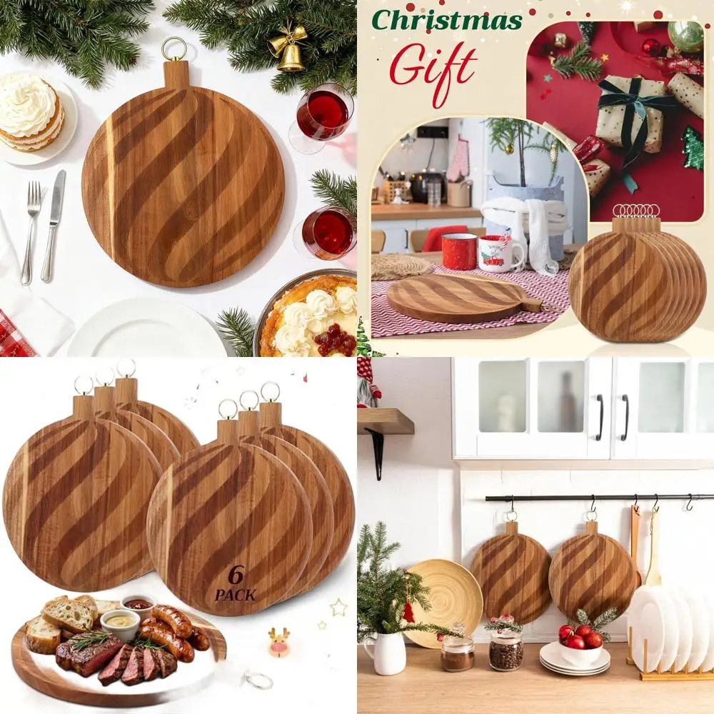 

Bulk Set of 6 10 Acacia Wood Christmas Round Cutting Boards with Engraved Swirls for Holiday Parties and Kitchen Gifts