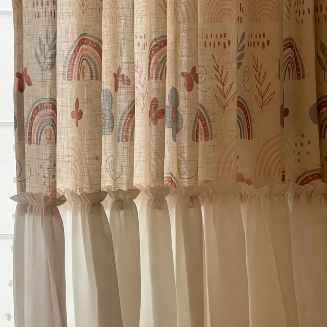 Log apricot cartoon rainbow clouds curtain childlike butterfly printing bedroom bay window shade