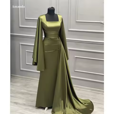 Amanda Square Collar Pleats Long-Sleeve robes de soir&eacute;e Evening Dresses Floor-Length Simple Formal Evening Mermaid Wedding Dress