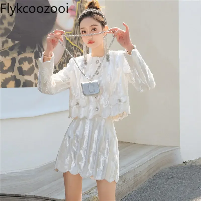 2024 Spring and Summer New Light Velvet Rhinestones Buckle Velvet Skirt Set Regulai Fit Conjunto Saia E Blusa Elegante