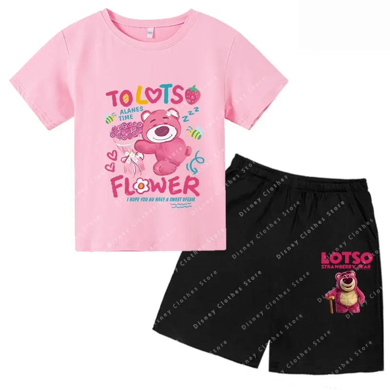 2024 Strawberry Bear Lotso Kids T-shirt Summer round neck Cotton Boys girls Short sleeved casual T-shirt Fashion T-shirt set