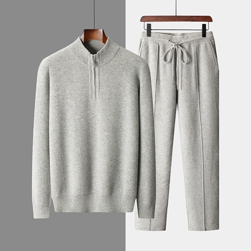 

Осень и зима, новый 100% свитер Merino, мужской свитер с воротником-стойкой, повседневный модный комплект, утолщенный свитер, мужской комплект из двух предметов большого размера