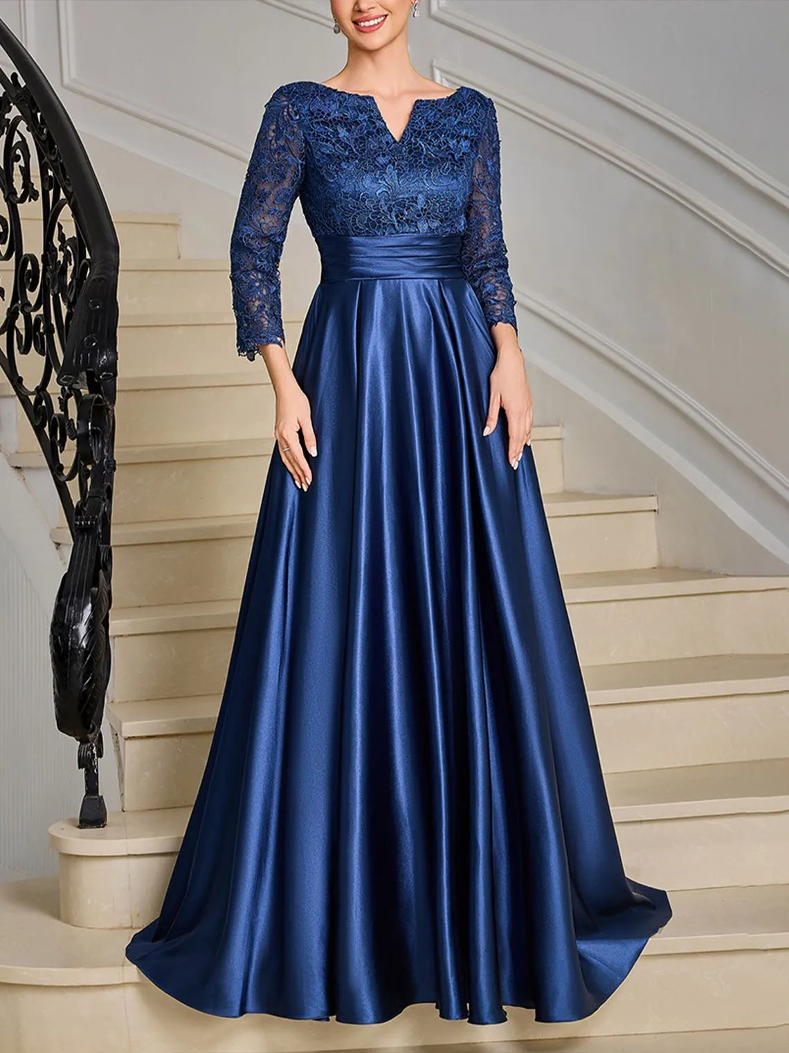 

Elegant 3/4 Sleeves V-Neck Satin Floor-Length A-Line Mother of the Bride Dress with Ruffles and Lace 2025 free customized