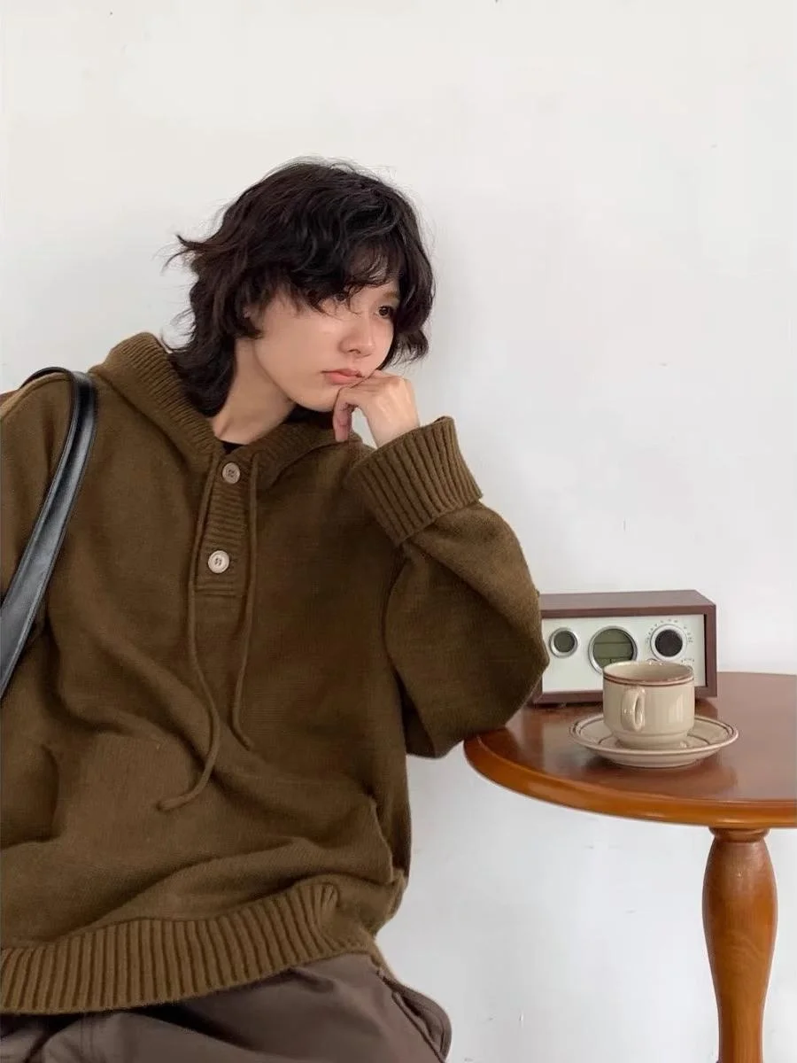 

Autumn Winter New Sle Japanese Retro Coffee Color Hooded Sweater ex Casual Loose Lazy Faion Knitted Outerwear
