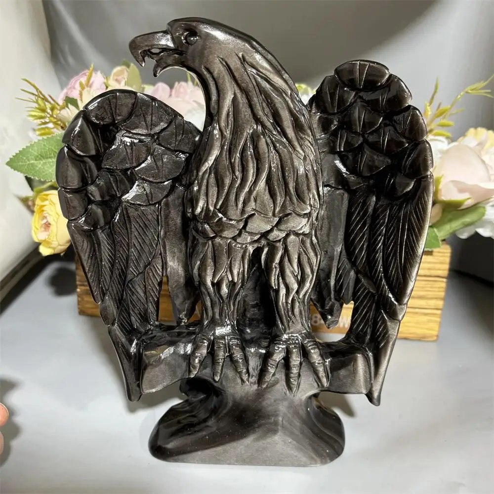 Large Size Silver Obsidian Eagle Animal Quartz Carving Polished Natural Healing Figurine Home Decor Animal Craft Gift
