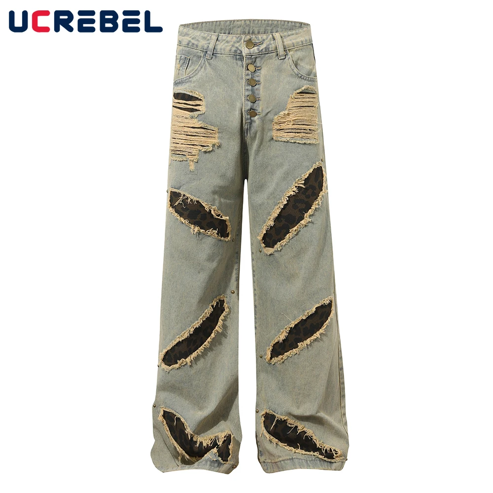 

Leopard Print Patch Jeans Mens with Rivets Hip Hop High Street Washed Distressed Baggy Wide Leg Raw Edge Spliced Denim Pants Men