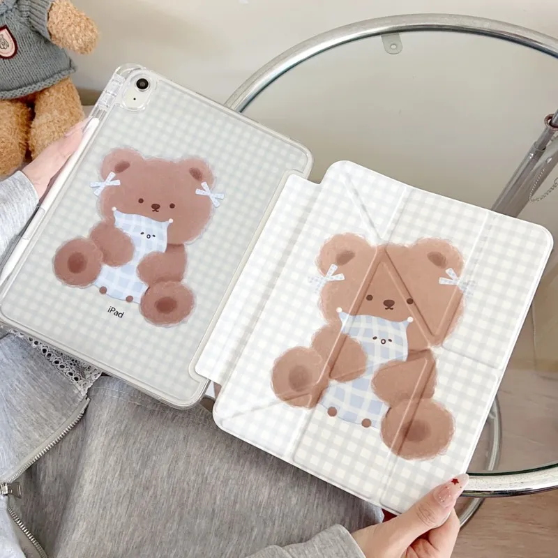 

Чехол для планшета с милым мультяшным медведем и полосатым узором, с держателем для карандашей, для iPad 5/6 9.7in Air(2019)10.5 7/8/9th 10.2, ударопрочный чехол