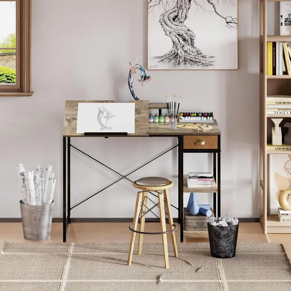 Adjustable 43 Art Desk with Storage Shelves and Drawer, Monitor Stand, Tiltable Drafting Table for Home Office, Artistic and Wri