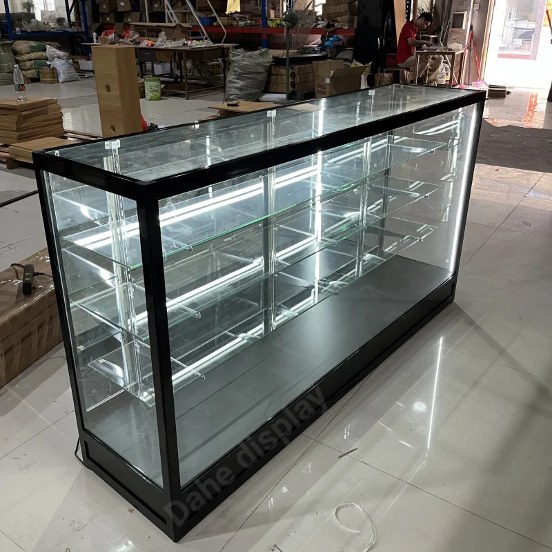 Custom.6ft retail store aluminum glass display showcase full glass cabinets display counter LED light lockable for Smoke