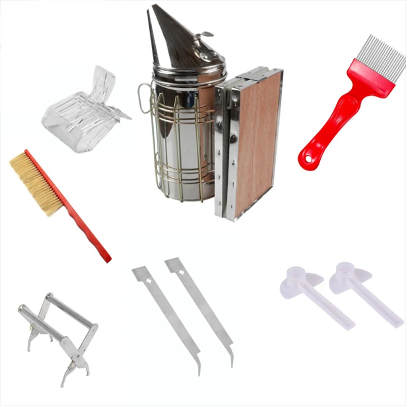 9pcs Kit Beekeeping Tools Suit Hive Smokers Hive Utility Brushes Uncapping Fork Equipment System Cultivate Hive Feeder