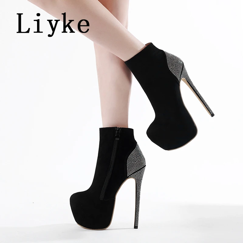 Liyke Black Women Zip Sexy Party Nachtclub Stripper Pole Dance Platform Boots Fashion Crystal Rhinestone High Heels Shoe Size 42