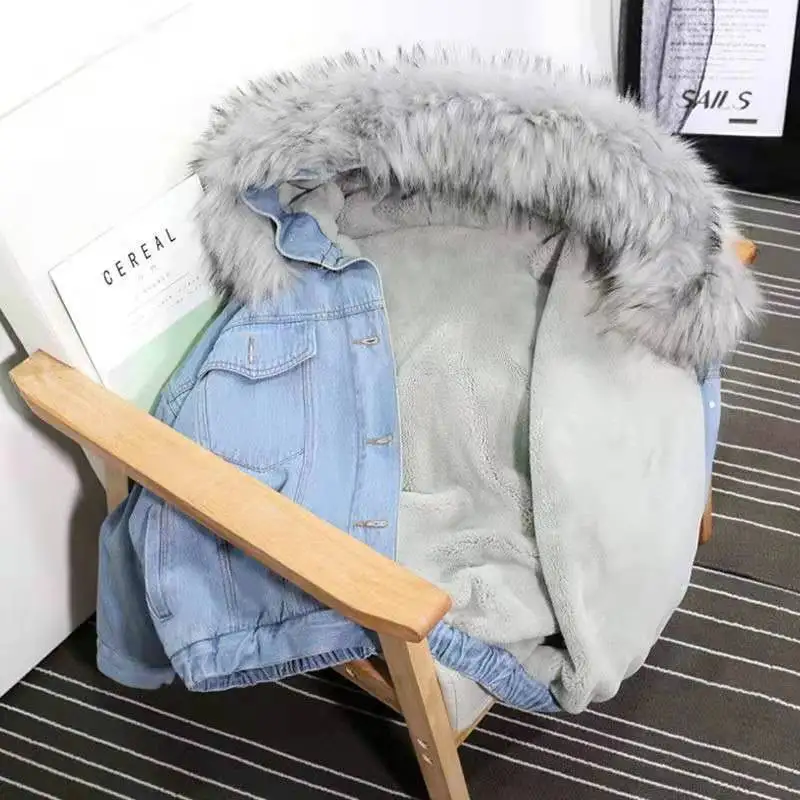 Women's Coat Thickened Big Fur Collar Fashion Denim Cotton Cotton Jacket Winter New Korean Version Plus Cashmere Hooded Jacket