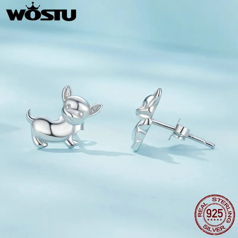 WOSTU 925 Sterling Silver Mini Lovely Chihuahua Dog Stud Earrings For Women Lovely Pet Screw-back Earring Girl Jewelry Gift