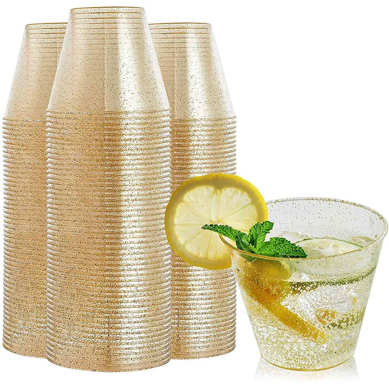 

AS60-Gold Plastic Cups Clear Plastic Wine Glasses, Fancy Disposable Hard Plastic Cups With Gold Glitter For Party Cups 125Pcs