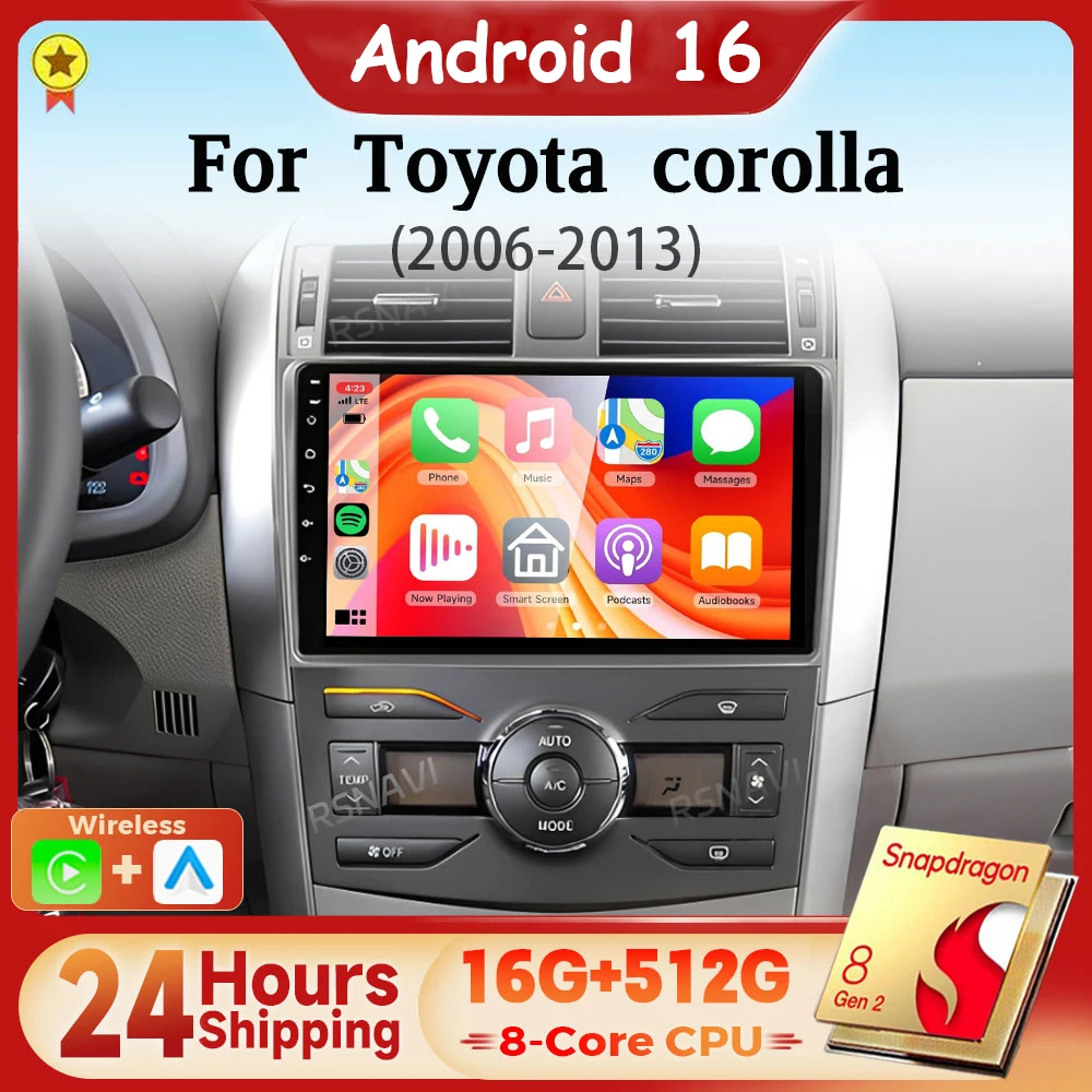 Android 16 Qualcomm Carplay Auto 2K Screen Car Radio Multimedia Player For Toyota Corolla E140 E150 2006-2016  Stereo Snapdragon