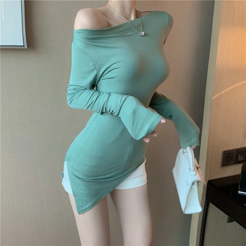 Sexy Off Shoulder T Shirt Women Cotton Long Sleeve Top T Shirts Autumn Korean Style Slim Elastic Irregular Split Tee Shirt Femme