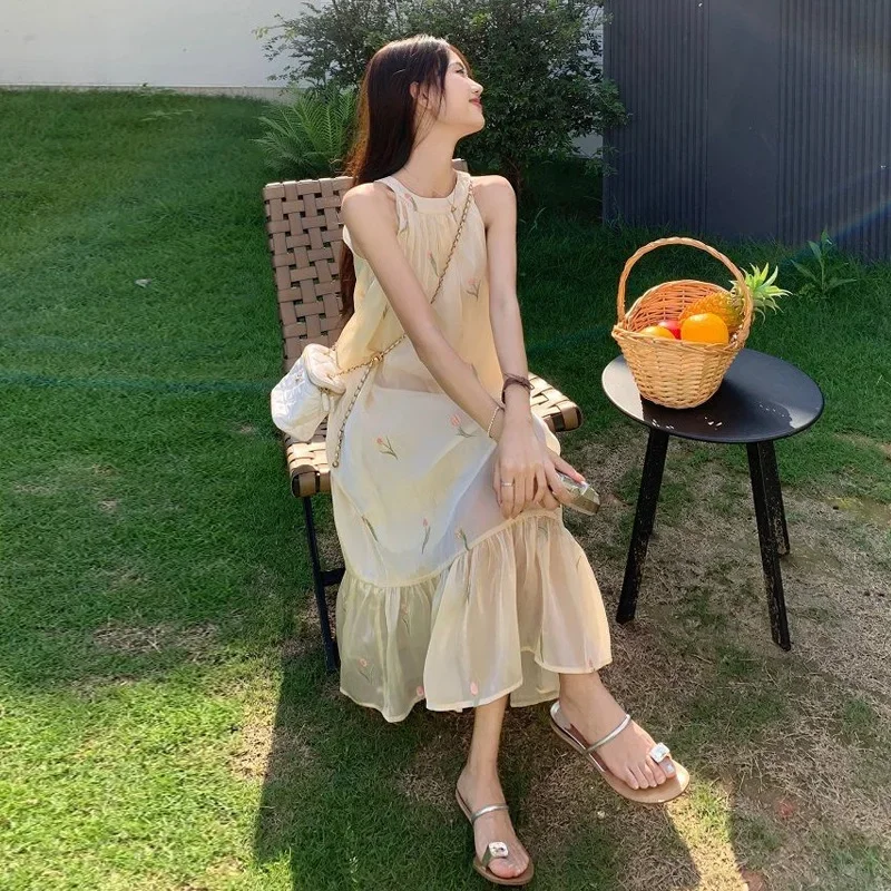 

Fashion Summer Sleeveless Flower Long Mesh Dress Women Bohemia Long Dresses Y2k French Elegant V-neck Flower Beach Robe 원피스