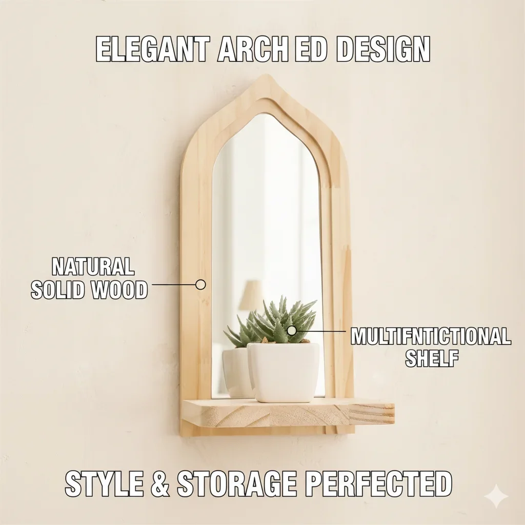 Boho Wall Mounted Moroccan Arch Acrylic Wall Mirror Natural Wood Framed With Storage Shelf Wall Decor For Living Room Bedroom