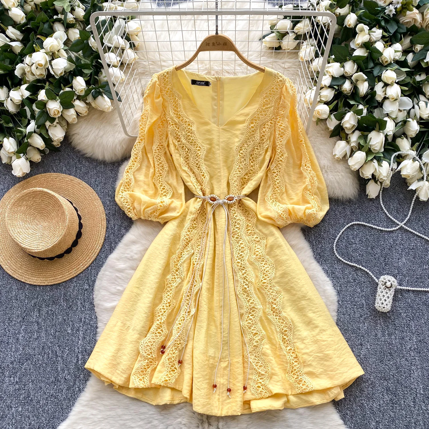 

Vintage Hook flower hollow V-neck slim Sexy Elegant dress Vacation Women Summer Fashion ceremony dresses