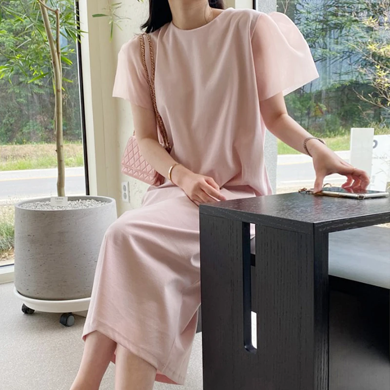Chic Summer Hepburn Sle round Ne Loose Fit Long Dr Women's Knee-Length Fly Sve Dr Ele Casual Maxi Dr