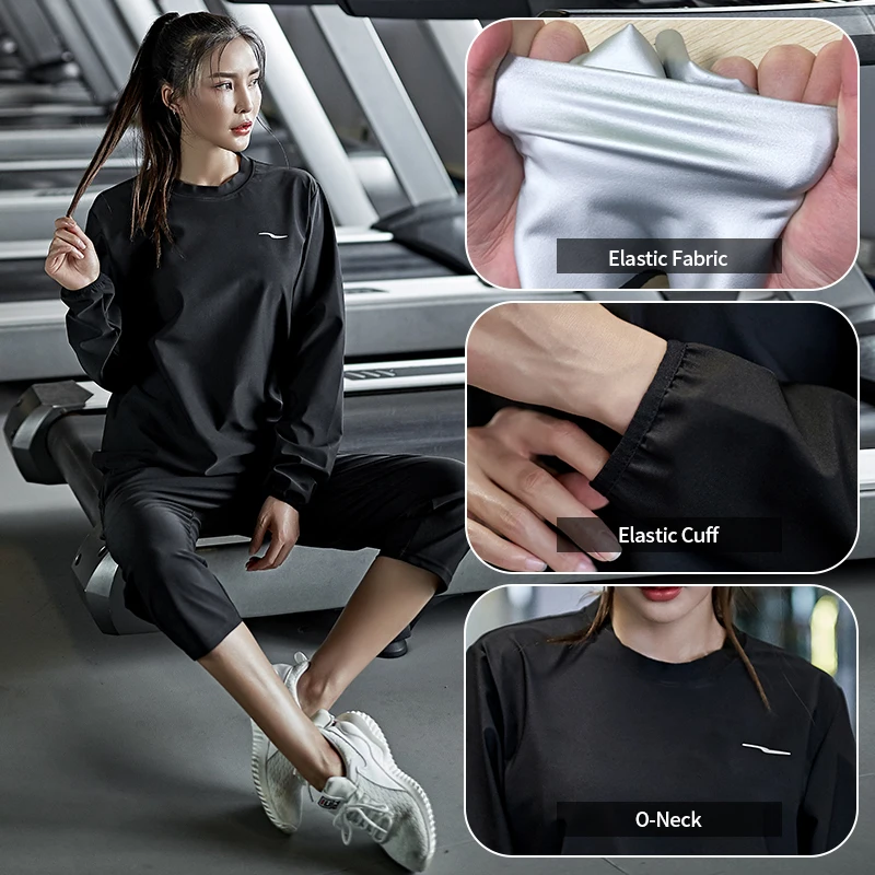 2 Piece Set Women Pullover Black Sauna Suit Slimming Gym Clothing Loose Sportswear Weight Loss Jogging Sweat Fitness Workout Set