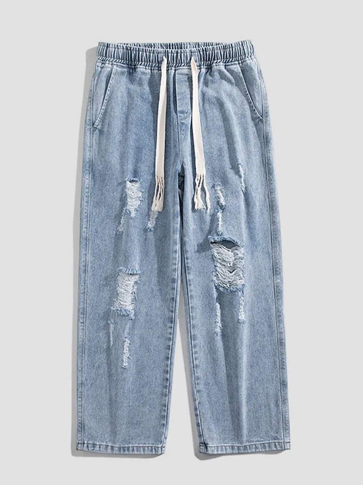 

Summer New Men's Blue Ripped Jeans Korean Casual Fashion Simple Vintage Loose Hollow Out Drawstring Straight Leg Denim Pants