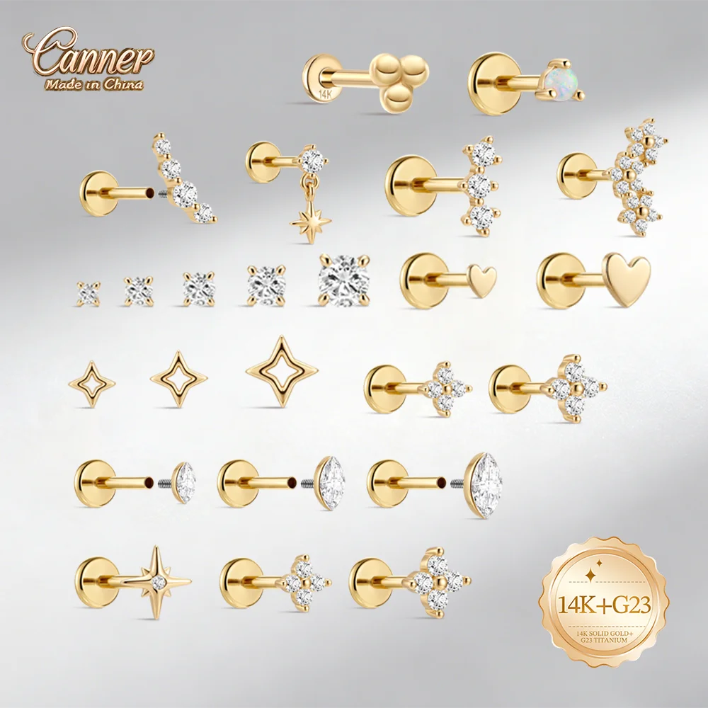 Image of CANNER 14K Massivgold G23 Titan Stern Herz Zirkon Knorpel Tragus Helix Piercing Ohrstecker Hypoallergener Schmuck Geschenk