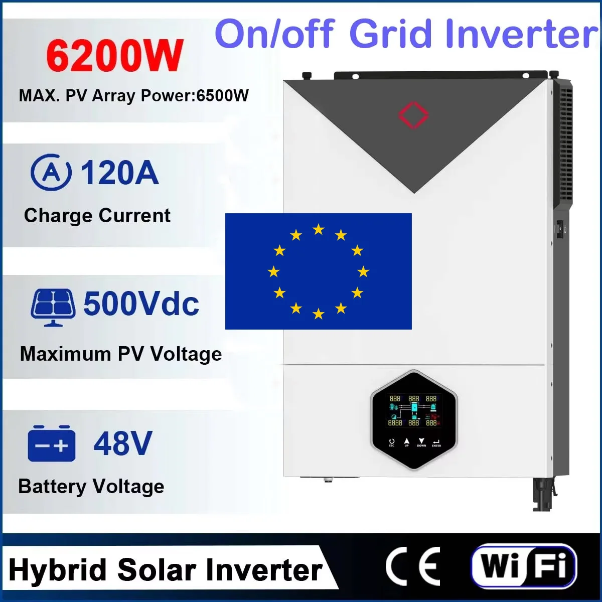 6200W 6.2KW Solar Inverter On-Grid/Off-Grid Pure Sine Wave 48V DC Input MPPT 120A Solar Charge Max PV Power 6200W/6500W