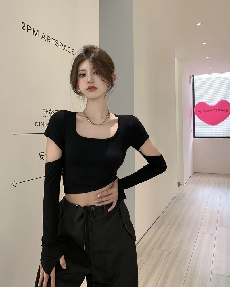 Autumn Chic Square Neck Sleeves Hollowed Out Thin Shirt Ins Shoulder Padded Y2k Kpop Cropped Tops