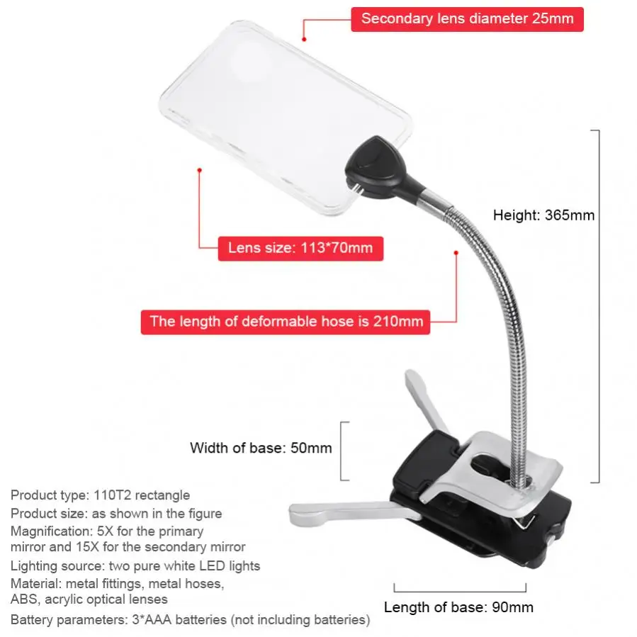 5X and 15X Magnifiers LED Lamp Table Clip Flexible Metal Hose Multi-purpose Magnifying Glass Reading not Including Battery