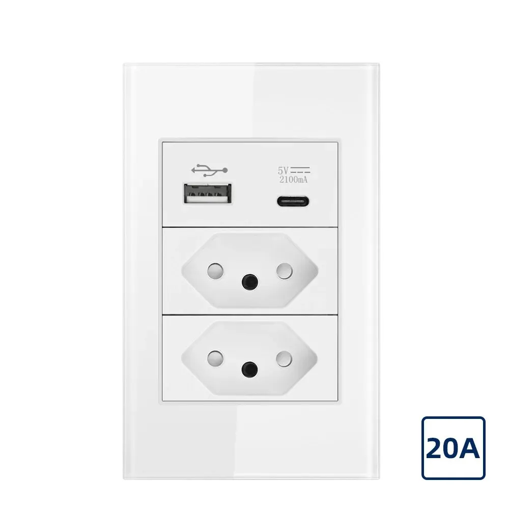 10A/20A Brazil Socket with USB Type-C 5V 2100mA, 118*72mm Tempered Glass Panel