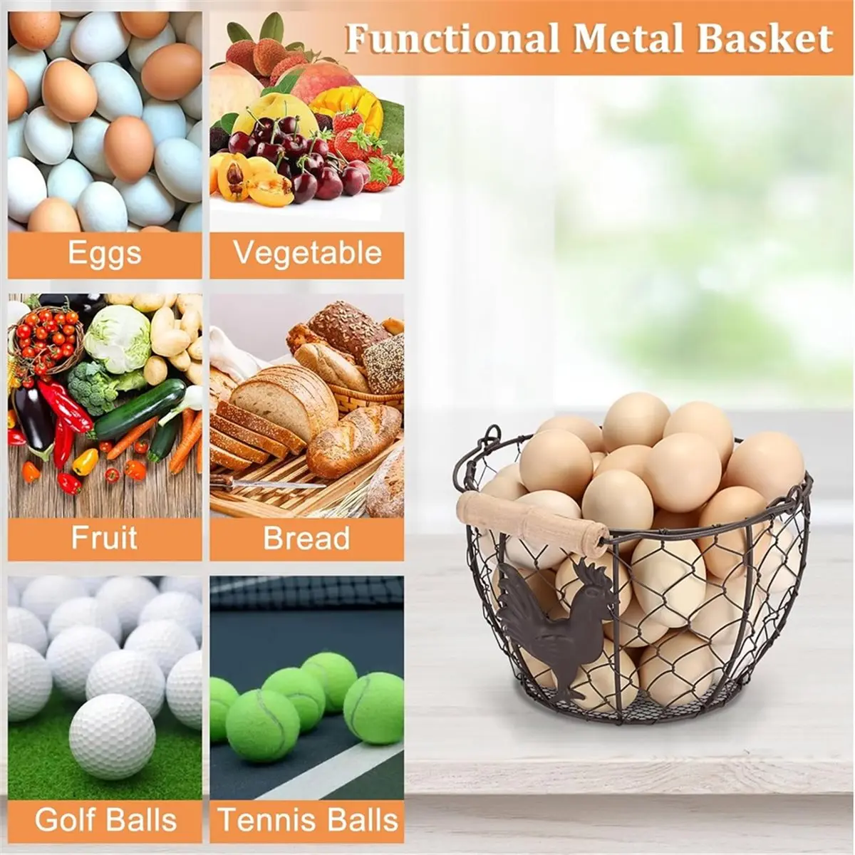 

Новинка 2026 года: Набор из 2 корзин для сбора свежих яиц в стиле фермерского дома, 8 дюймов, из металлической проволоки, в деревенском стиле, для куриных яиц