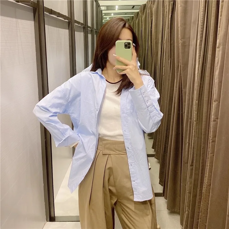 Loose Fit Pure Cotton Blue Shirt Simple White Top Women's Fashion Spring Season Anti-Wrinkle Resistant to Deformation Skin-Fr...