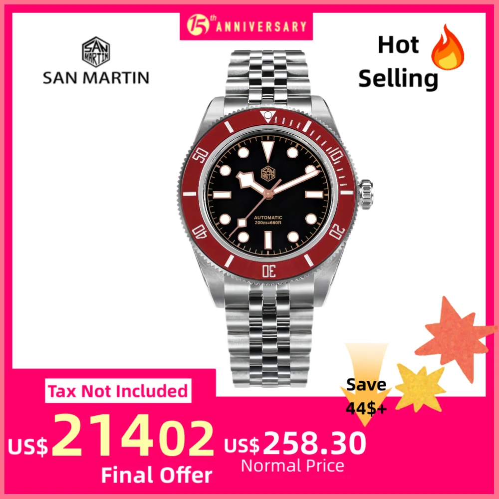 San Martin 40mm BB NH35 Mens Watches Diving Mechanical Wristwatch Jubilee Bracelet Red Bezel Waterproof 20Bar BGW-9 Reloj SN0128