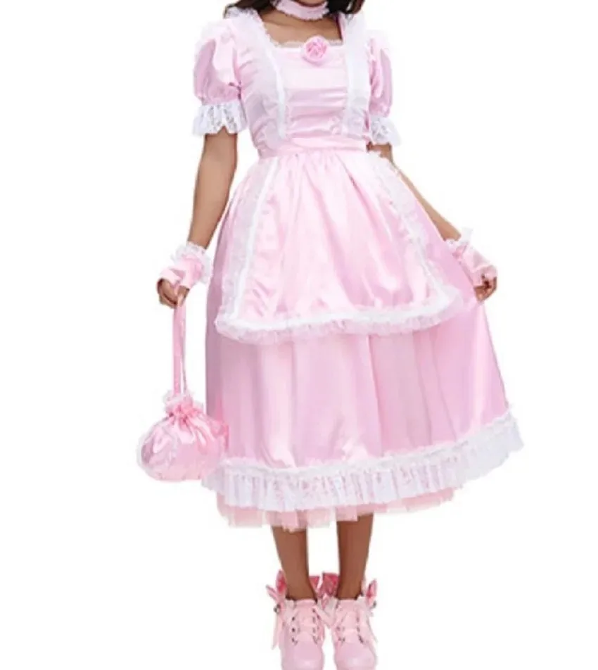 

Hot Sale Sexy Lockable Sissy Dress Maid Pink Satin Lace Apron Dress Cosplay Costume Customized Glamour Halloween Costume