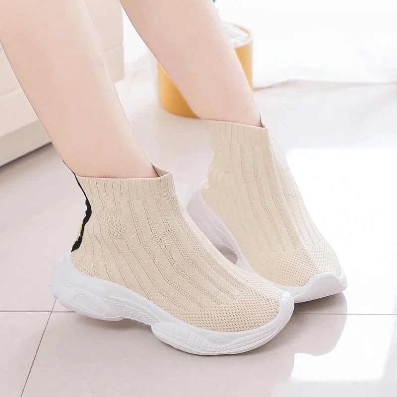 Children Spring Fashion Boots Girls Socks Shoes High-top Boots Breathable Mesh Flying Knitting Shoes Children's Sports Boots