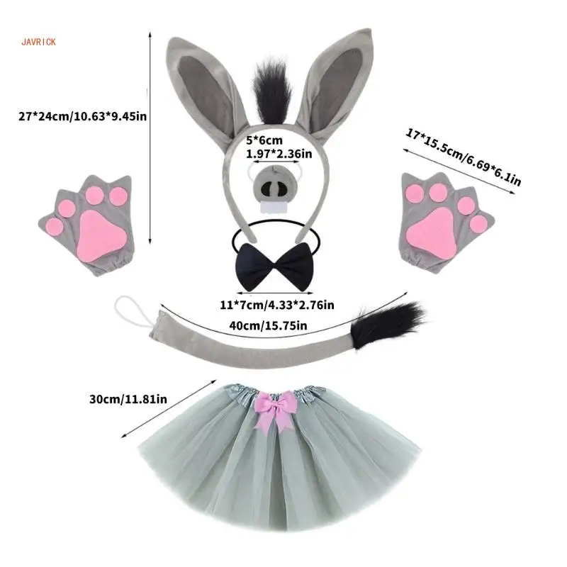 N1HE accesorios disfraz burro para niños, diadema con orejas burro, guante nariz con cola burro, pajarita para
