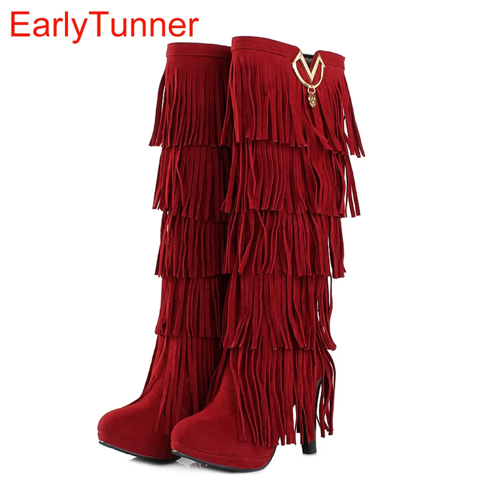 

New Sexy Sales Winter Women Knee High Fringe Boots Black Red Brown Yellow Lady Fashion Tassel Heel Shoes AY307 Plus Big Size 43