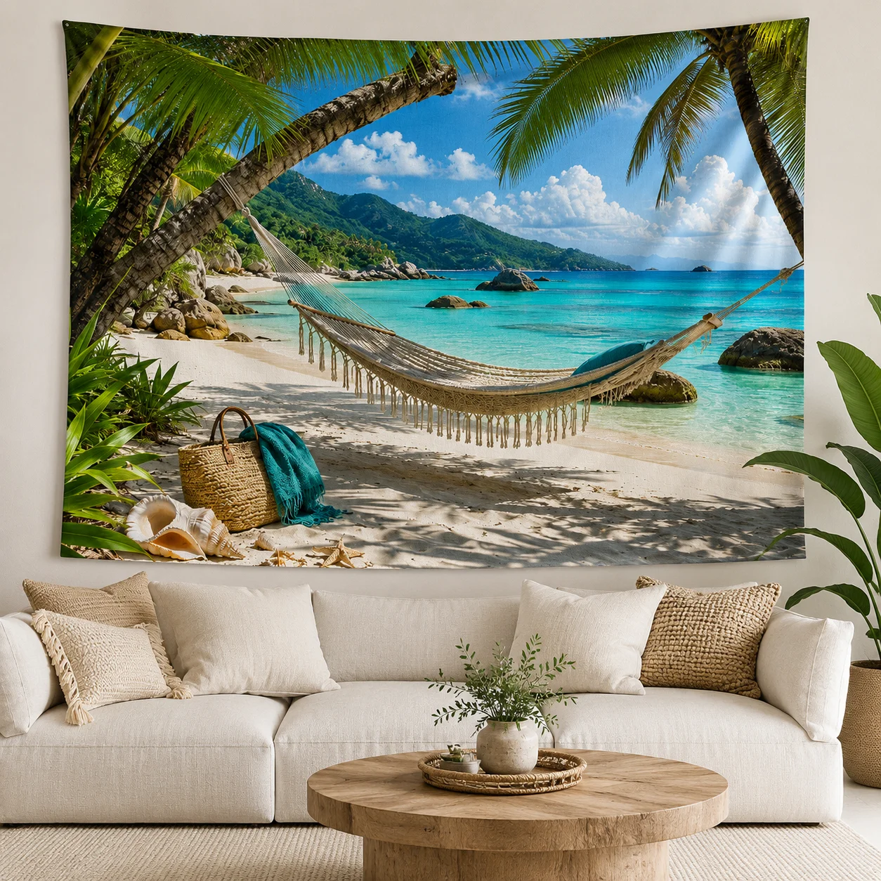 Beach Sea View Tapestry Wall Hanging Polyester Woven Boho Room Decor Aesthetic Coconut Tree Hammock Landscape Backdrop Blanket