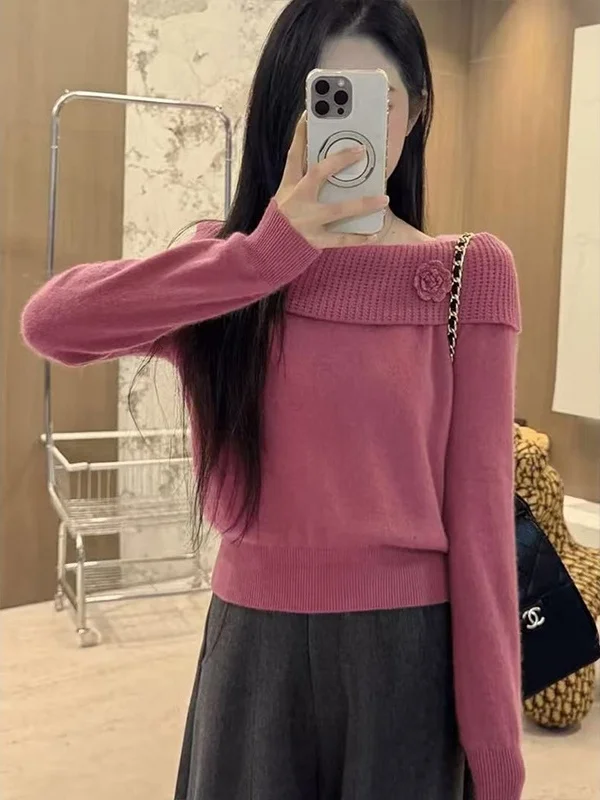 

Вязаный длинный свитер на одно плечо с отложным воротником, женский базовый, модный, стройнящий, зимний, новинка