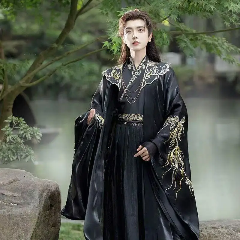 

Оригинальный черный Hanfu мужской традиционный китайский костюм с вышивкой крестообразным воротником, праздничный сценический костюм фехтовальщика, карнавальный костюм