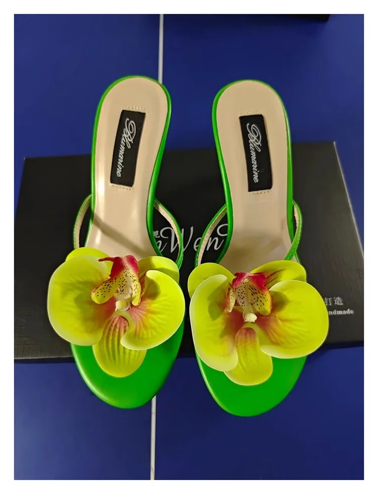 Round Toe Thin Heel Orchid Decor Flipflops for Women Summer Outside Hight Heels Slingback Pumps Ladies Flip-Toe Slippers Sandals